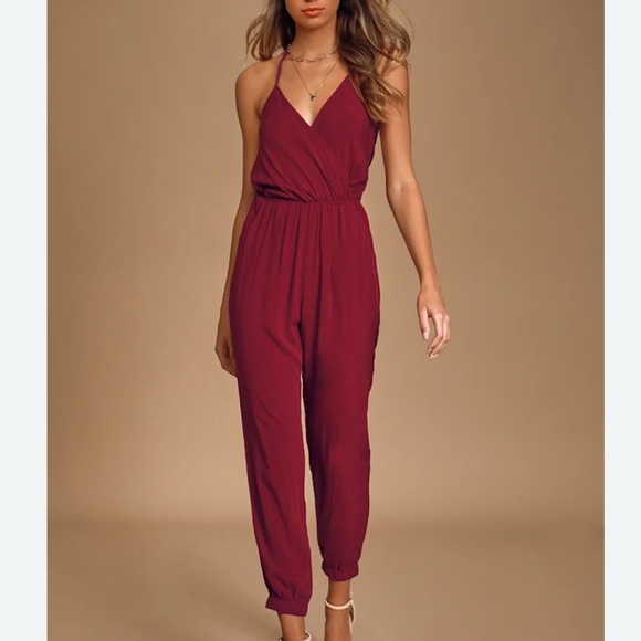 Lulu's Red Jumpsuit with Tapered Legs and Elastic Waist - Picture 1 of 3